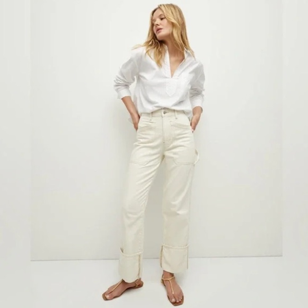 Veronica Beard Dylan Cuffed Cargo Jeans in Ecru NEW w. Defects